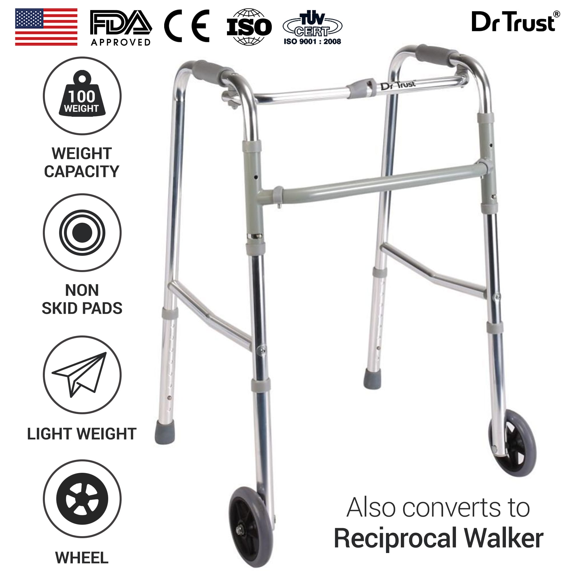 Dr Trust USA Premium Folding Walker with 5 Inches Wheels DrTrust